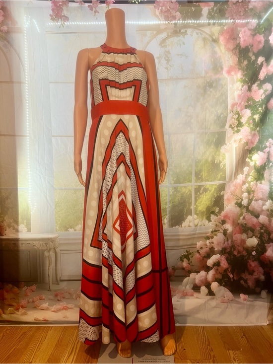Eliza J Dresses & Skirts - Eliza J Orange and Cream Geometric Halter Maxi Dress